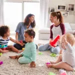 Two friends playing with toddler kids on sitting room floor